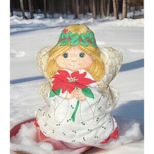 Vintage Hand Made Christmas Angel Pillow Plush Blonde Hair Green Eyes 70’s Vibes